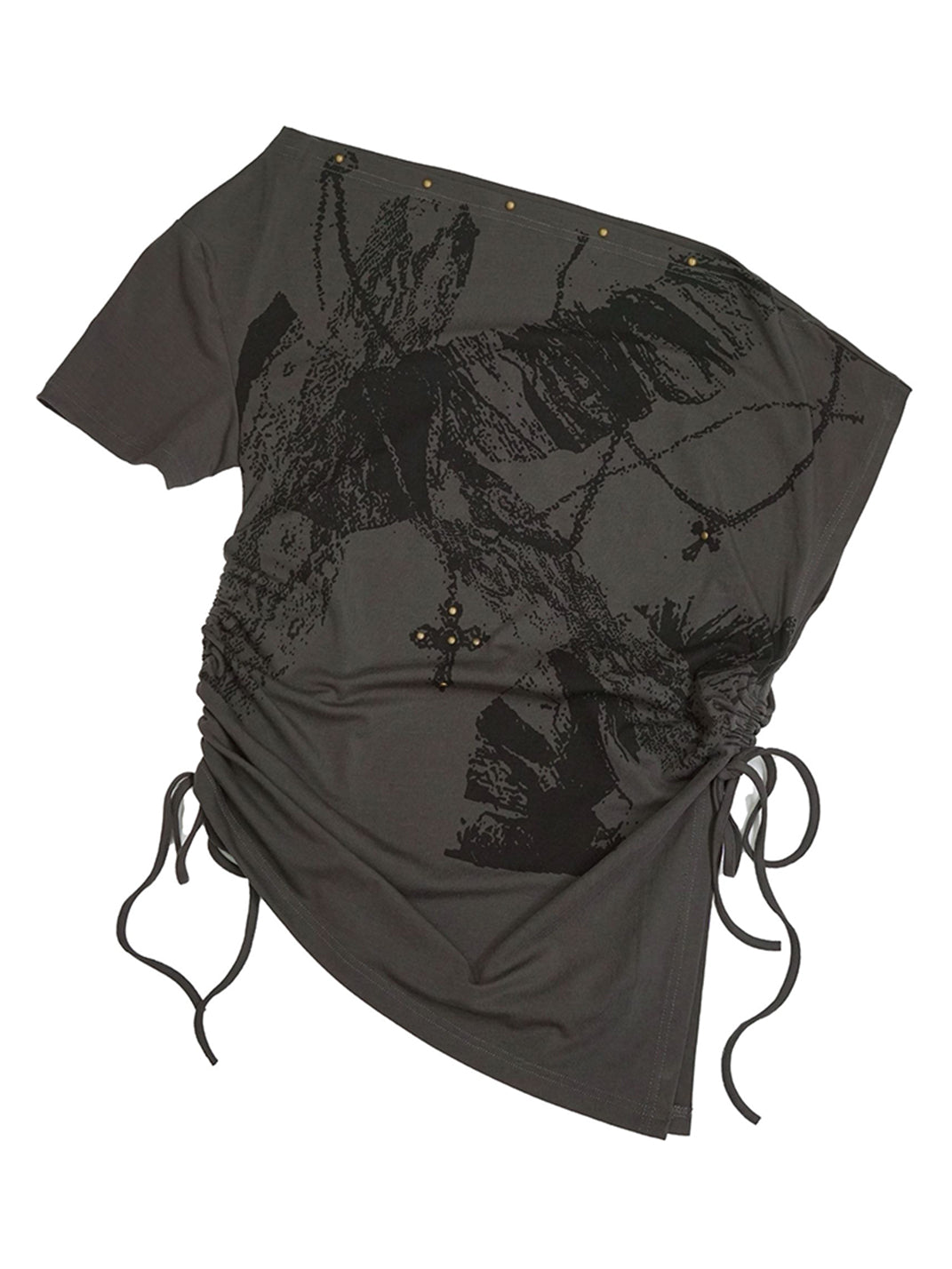 CestNous|Off Shoulder Drawstring Oversize Print Tee-Gray - PSYLOS 1, CestNous|Off Shoulder Drawstring Oversize Print Tee-Gray, T-Shirt, CestNous, PSYLOS 1